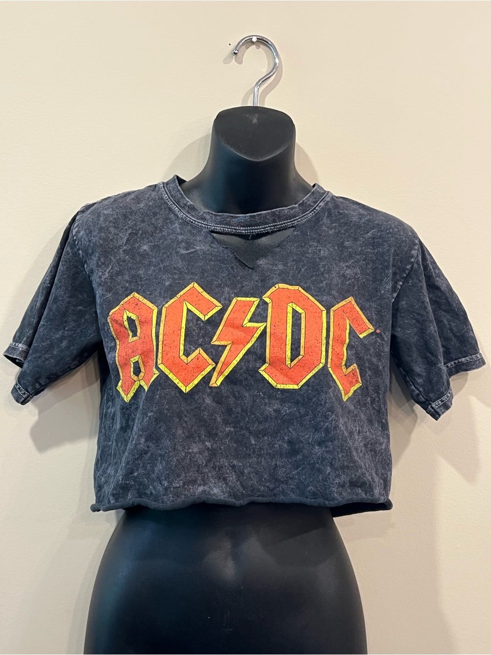 AC/DC Black Cropped Graphic Tee with Red and Yellow Logo